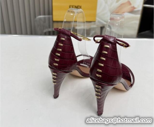 Expensive Fendi Filo high-heeled sandals 9cm in stone-Embossed Leather with Anklet Burgundy 604160