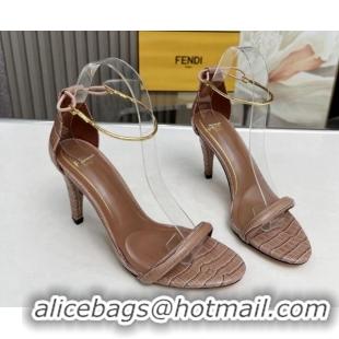 Top Design Fendi Filo high-heeled sandals 9cm in stone-Embossed Leather with Anklet Light Brown 604161