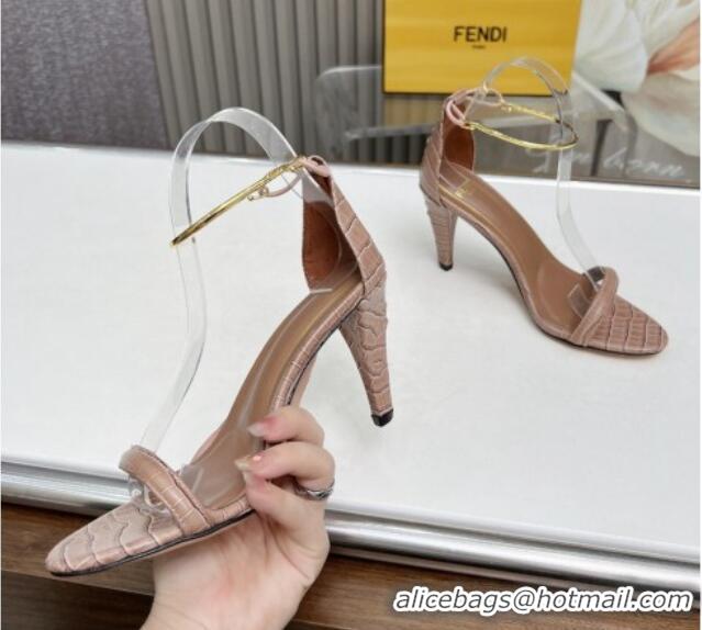 Top Design Fendi Filo high-heeled sandals 9cm in stone-Embossed Leather with Anklet Light Brown 604161