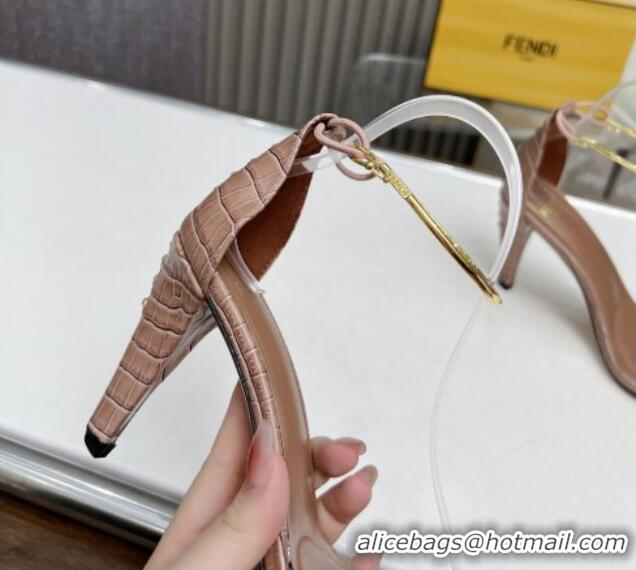 Top Design Fendi Filo high-heeled sandals 9cm in stone-Embossed Leather with Anklet Light Brown 604161