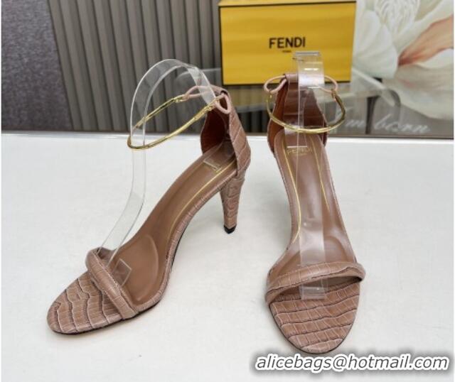 Top Design Fendi Filo high-heeled sandals 9cm in stone-Embossed Leather with Anklet Light Brown 604161