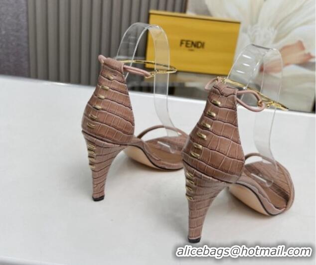 Top Design Fendi Filo high-heeled sandals 9cm in stone-Embossed Leather with Anklet Light Brown 604161