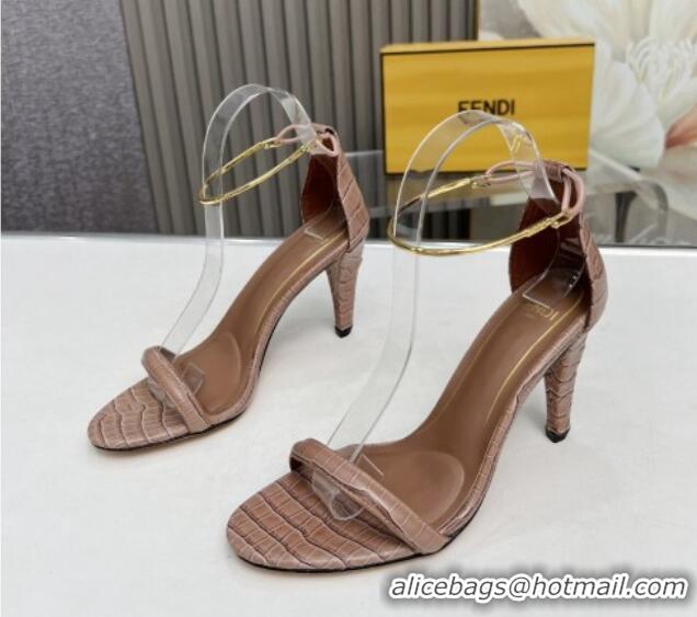 Top Design Fendi Filo high-heeled sandals 9cm in stone-Embossed Leather with Anklet Light Brown 604161