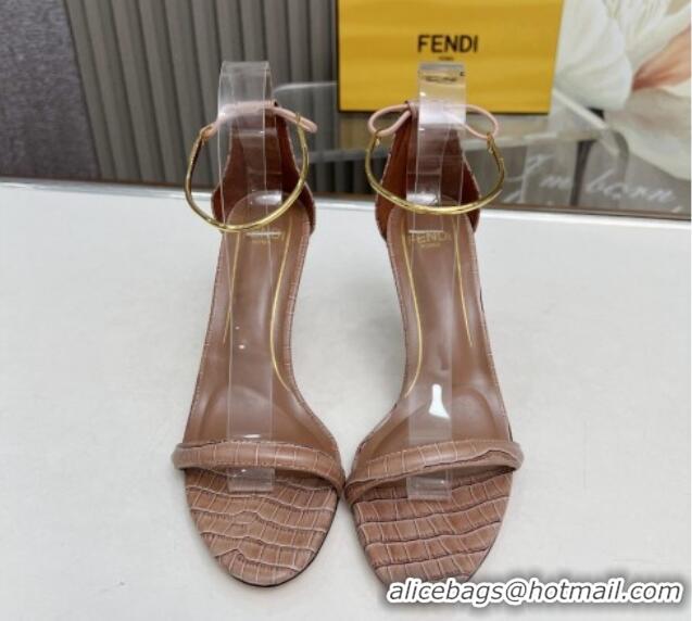 Top Design Fendi Filo high-heeled sandals 9cm in stone-Embossed Leather with Anklet Light Brown 604161