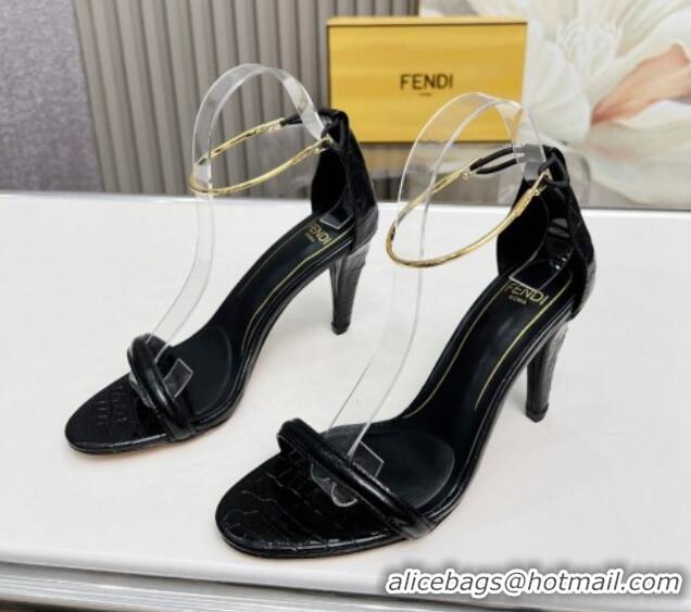 Low Cost Fendi Filo high-heeled sandals 9cm in stone-Embossed Leather with Anklet Black 604162