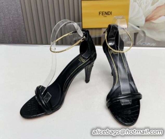 Low Cost Fendi Filo high-heeled sandals 9cm in stone-Embossed Leather with Anklet Black 604162