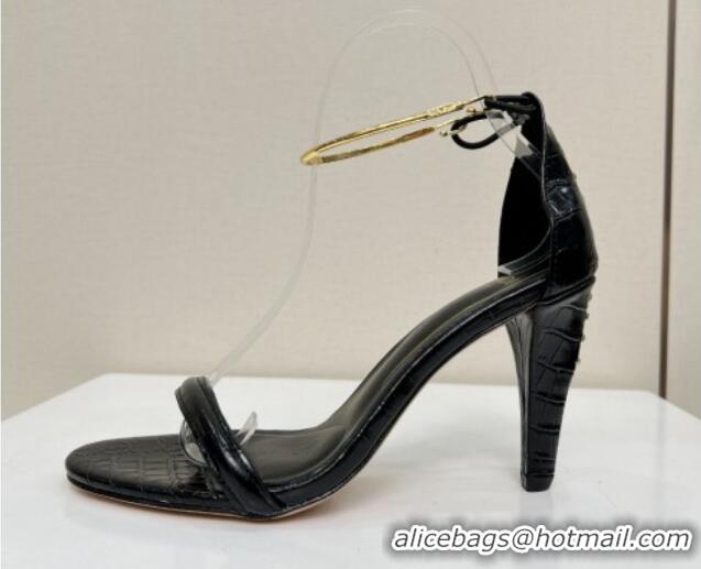 Low Cost Fendi Filo high-heeled sandals 9cm in stone-Embossed Leather with Anklet Black 604162