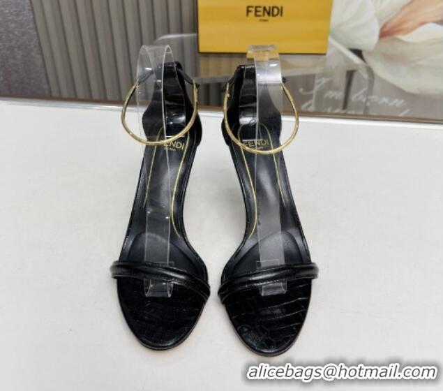 Low Cost Fendi Filo high-heeled sandals 9cm in stone-Embossed Leather with Anklet Black 604162