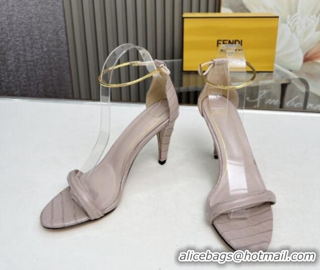 Luxurious Fendi Filo high-heeled sandals 9cm in stone-Embossed Leather with Anklet Powder Pink 604163