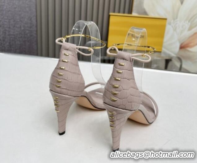 Luxurious Fendi Filo high-heeled sandals 9cm in stone-Embossed Leather with Anklet Powder Pink 604163