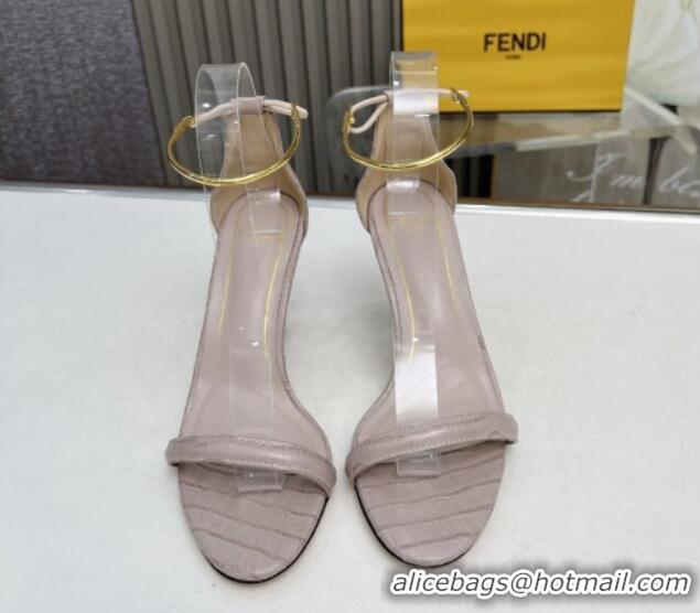 Luxurious Fendi Filo high-heeled sandals 9cm in stone-Embossed Leather with Anklet Powder Pink 604163