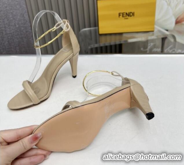 Unique Style Fendi Filo high-heeled sandals 9cm in stone-Embossed Leather with Anklet Beige 604164