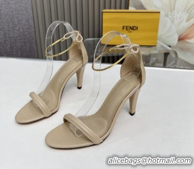 Unique Style Fendi Filo high-heeled sandals 9cm in stone-Embossed Leather with Anklet Beige 604164