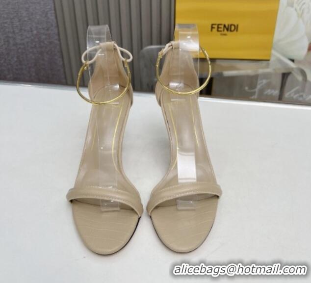 Unique Style Fendi Filo high-heeled sandals 9cm in stone-Embossed Leather with Anklet Beige 604164