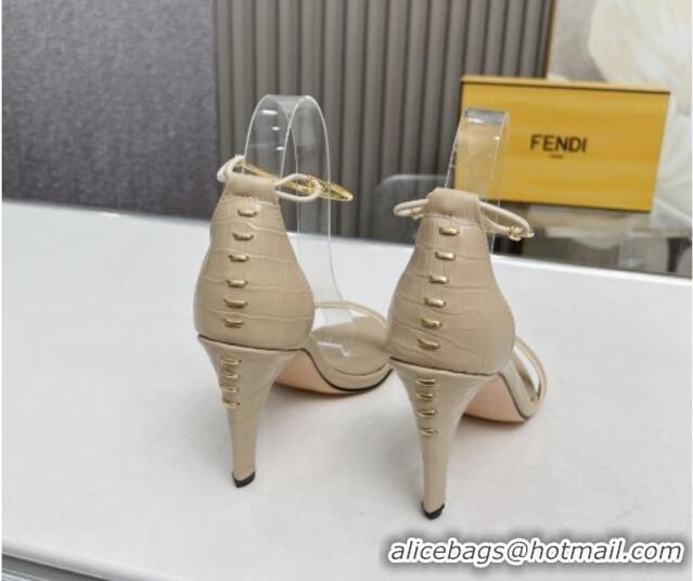 Unique Style Fendi Filo high-heeled sandals 9cm in stone-Embossed Leather with Anklet Beige 604164