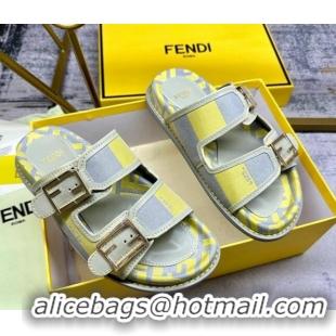 Most Popular Fendi Feel Feel Flat Slide Sandals in Printed Canvas Grey/Yellow 604171