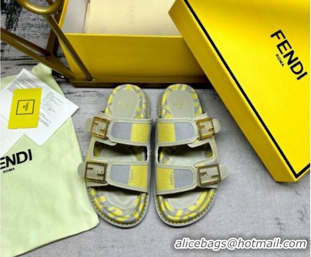 Most Popular Fendi Feel Feel Flat Slide Sandals in Printed Canvas Grey/Yellow 604171