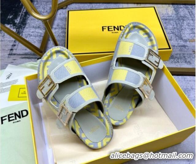 Most Popular Fendi Feel Feel Flat Slide Sandals in Printed Canvas Grey/Yellow 604171