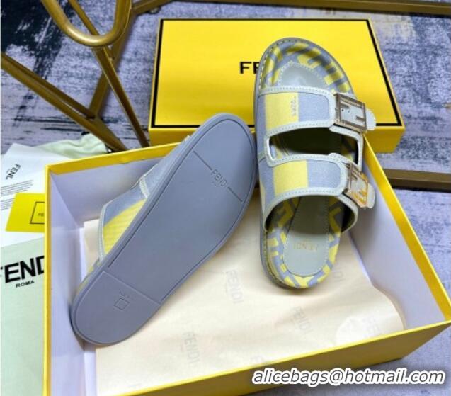 Most Popular Fendi Feel Feel Flat Slide Sandals in Printed Canvas Grey/Yellow 604171