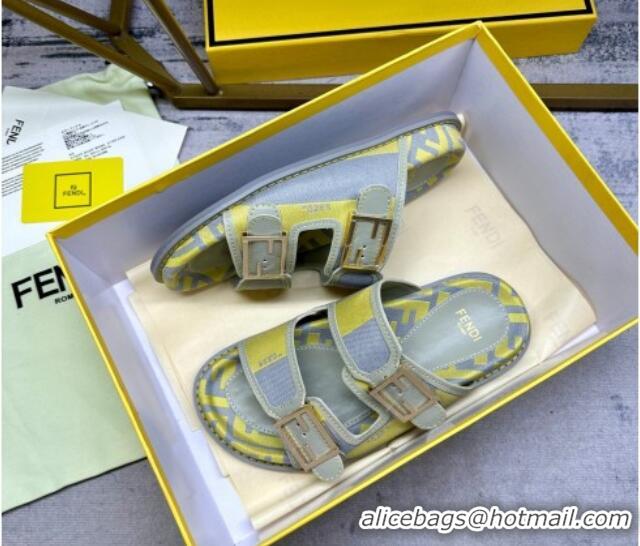 Most Popular Fendi Feel Feel Flat Slide Sandals in Printed Canvas Grey/Yellow 604171