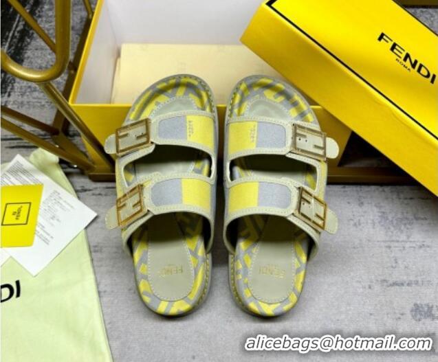 Most Popular Fendi Feel Feel Flat Slide Sandals in Printed Canvas Grey/Yellow 604171