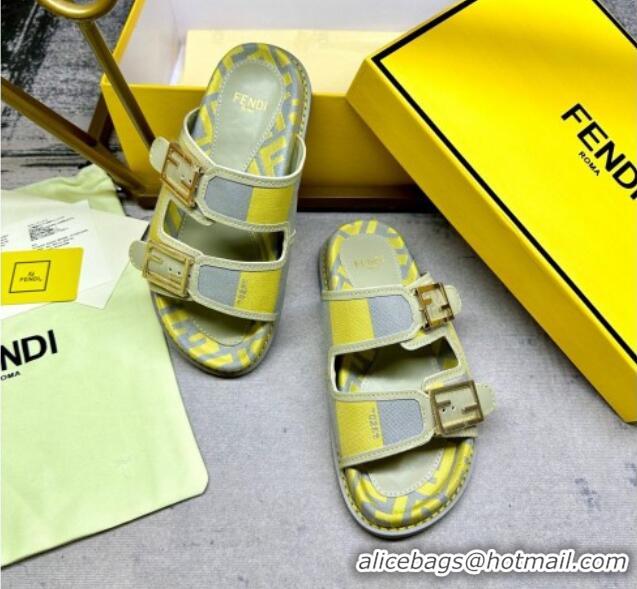 Most Popular Fendi Feel Feel Flat Slide Sandals in Printed Canvas Grey/Yellow 604171