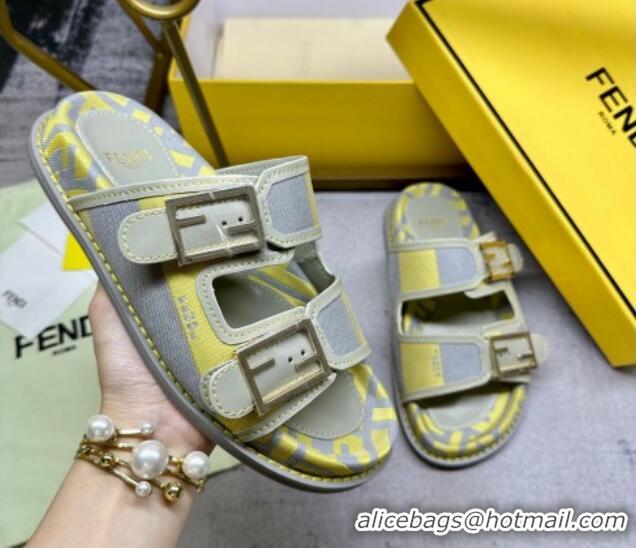 Most Popular Fendi Feel Feel Flat Slide Sandals in Printed Canvas Grey/Yellow 604171