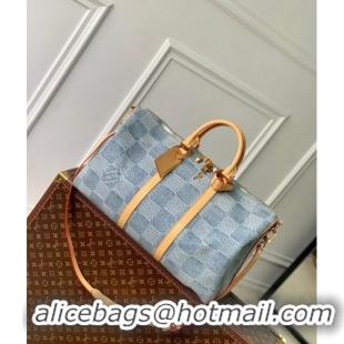 Famous Brand Louis Vuitton Keepall Bandoulière 50 Travel bag in Blue Damier Denim 3D Cotton N40739 2024