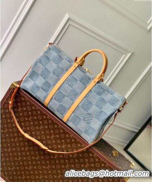 Famous Brand Louis Vuitton Keepall Bandoulière 50 Travel bag in Blue Damier Denim 3D Cotton N40739 2024