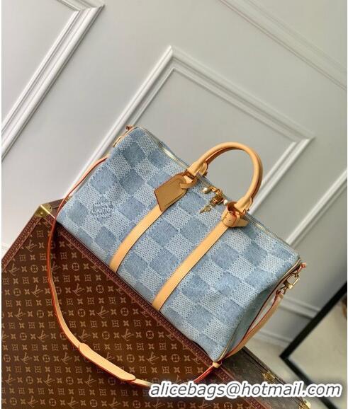 Famous Brand Louis Vuitton Keepall Bandoulière 50 Travel bag in Blue Damier Denim 3D Cotton N40739 2024