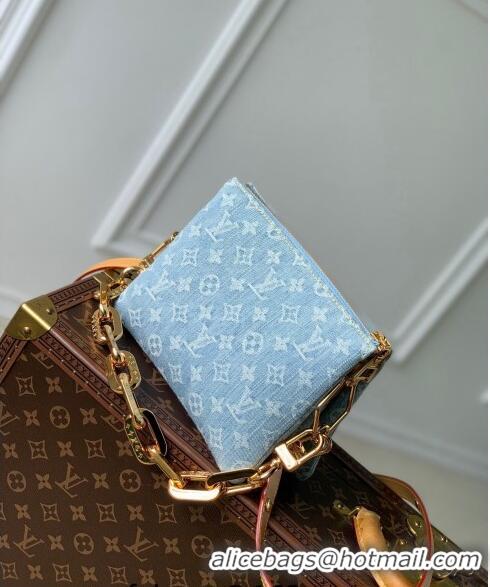 Promotional Louis Vuitton Coussin BB Bag in Washed Blue Monogram Denim 100% GOTS-certified Cotton M11401 2024