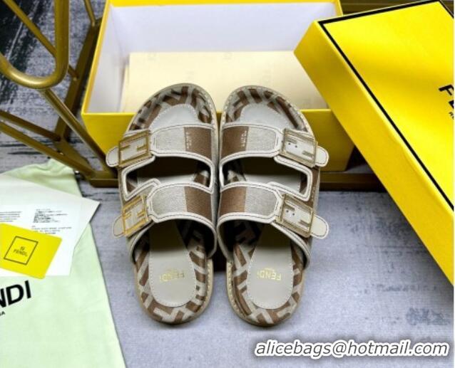 Pretty Style Fendi Feel Feel Flat Slide Sandals in Printed Canvas Grey/Brown 604172