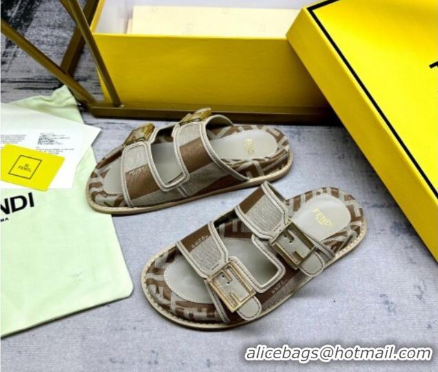 Pretty Style Fendi Feel Feel Flat Slide Sandals in Printed Canvas Grey/Brown 604172