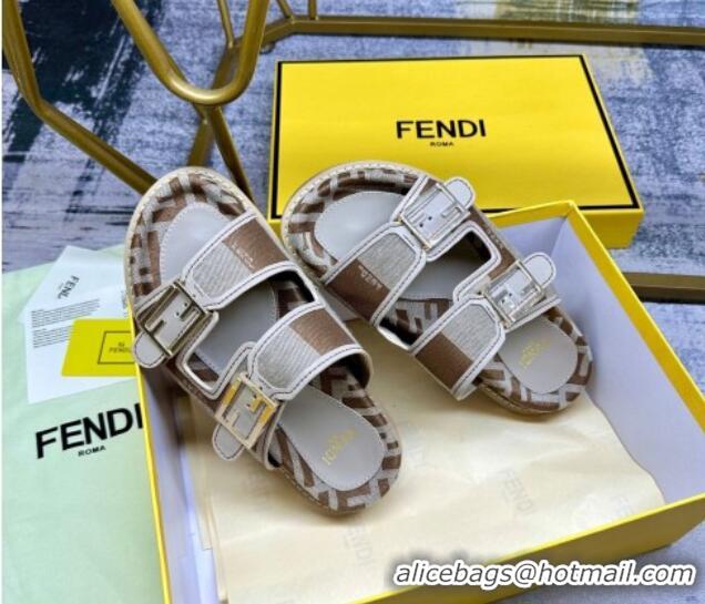 Pretty Style Fendi Feel Feel Flat Slide Sandals in Printed Canvas Grey/Brown 604172