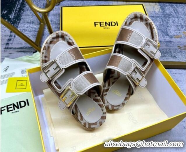 Pretty Style Fendi Feel Feel Flat Slide Sandals in Printed Canvas Grey/Brown 604172