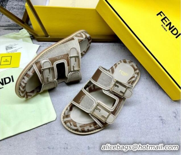 Pretty Style Fendi Feel Feel Flat Slide Sandals in Printed Canvas Grey/Brown 604172