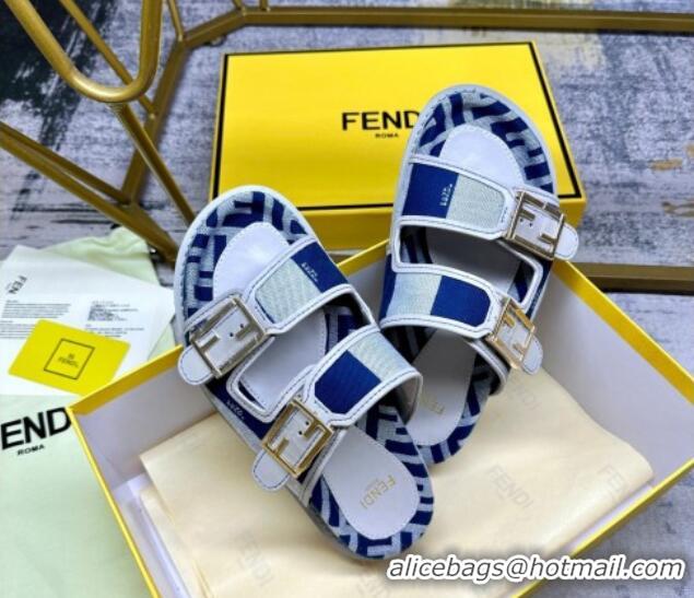 Lower Price Fendi Feel Feel Flat Slide Sandals in Printed Canvas Grey/Blue/White 604173