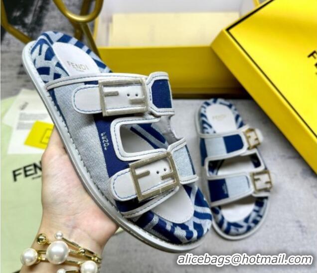 Lower Price Fendi Feel Feel Flat Slide Sandals in Printed Canvas Grey/Blue/White 604173