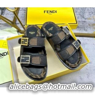 Top Grade Fendi Feel Feel Flat Slide Sandals in Printed Canvas Brown/Black 604174