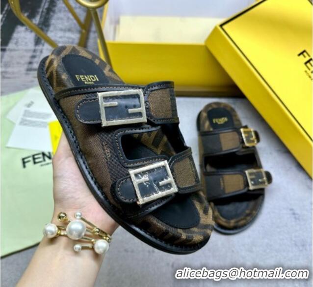 Top Grade Fendi Feel Feel Flat Slide Sandals in Printed Canvas Brown/Black 604174