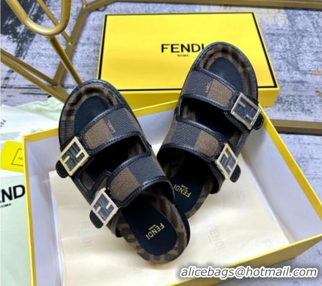 Top Grade Fendi Feel Feel Flat Slide Sandals in Printed Canvas Brown/Black 604174