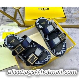 Purchase Fendi Feel Feel Flat Slide Sandals in Printed Canvas Grey/Blue/Black 604175