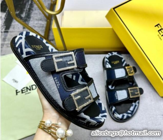 Purchase Fendi Feel Feel Flat Slide Sandals in Printed Canvas Grey/Blue/Black 604175