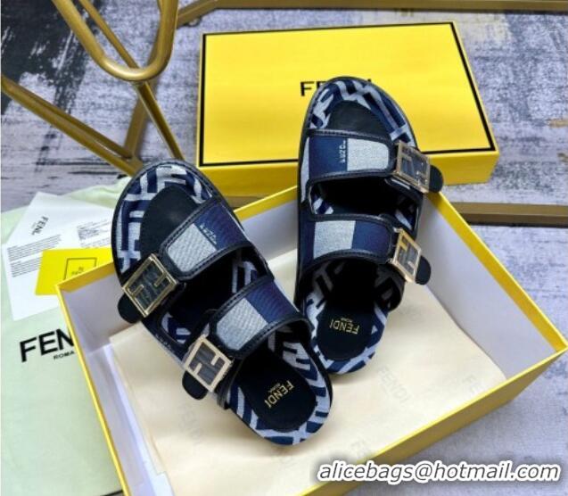 Purchase Fendi Feel Feel Flat Slide Sandals in Printed Canvas Grey/Blue/Black 604175