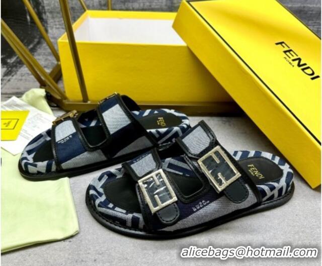 Purchase Fendi Feel Feel Flat Slide Sandals in Printed Canvas Grey/Blue/Black 604175