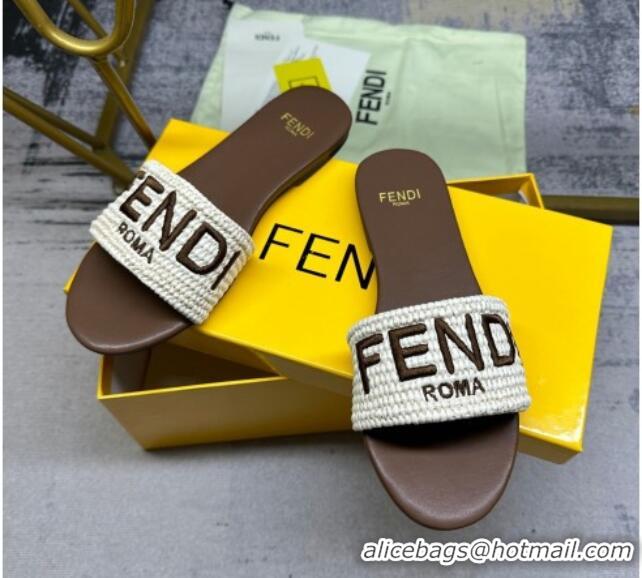 Top Grade Fendi Signature Flat Slide Sandals in PP Straw Beige 604176