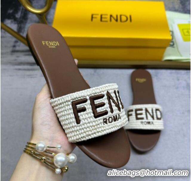 Top Grade Fendi Signature Flat Slide Sandals in PP Straw Beige 604176