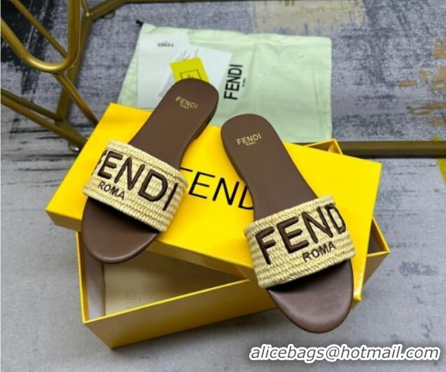 Buy Discount Fendi Signature Flat Slide Sandals in PP Straw Yellow 604177