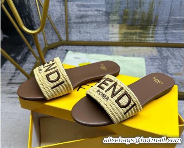 Buy Discount Fendi Signature Flat Slide Sandals in PP Straw Yellow 604177