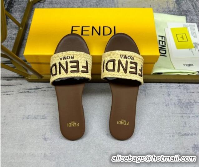 Buy Discount Fendi Signature Flat Slide Sandals in PP Straw Yellow 604177